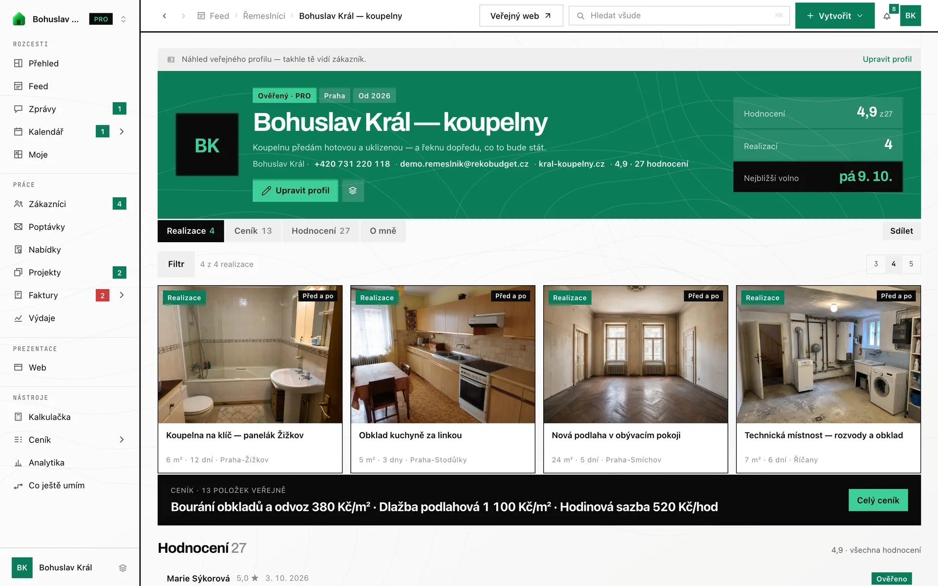 Veřejný profil a portfolio v aplikaci RekoBudget — celá obrazovka očima řemeslníka (ukázková data)