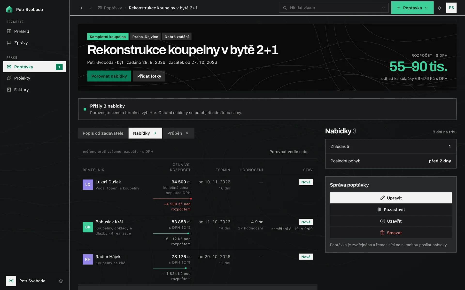 Poptávka v aplikaci RekoBudget — celá obrazovka očima zákazníka (ukázková data)