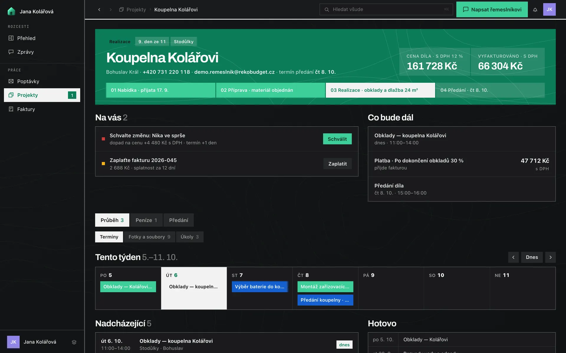 Detail projektu Koupelna Kolářovi v aplikaci RekoBudget očima zákaznice: etapy, úkoly a platby (ukázková data)
