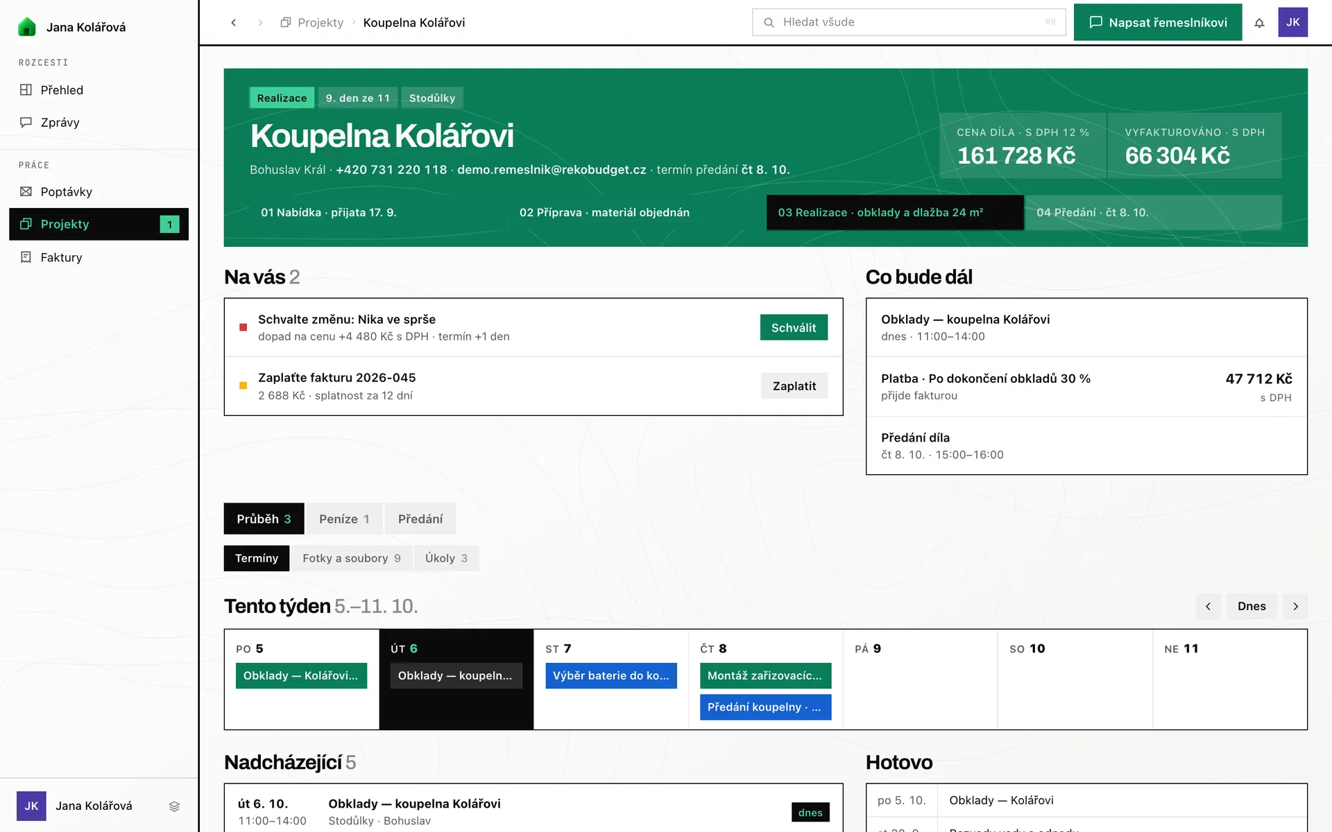 Detail projektu Koupelna Kolářovi v aplikaci RekoBudget očima zákaznice: etapy, úkoly a platby (ukázková data)