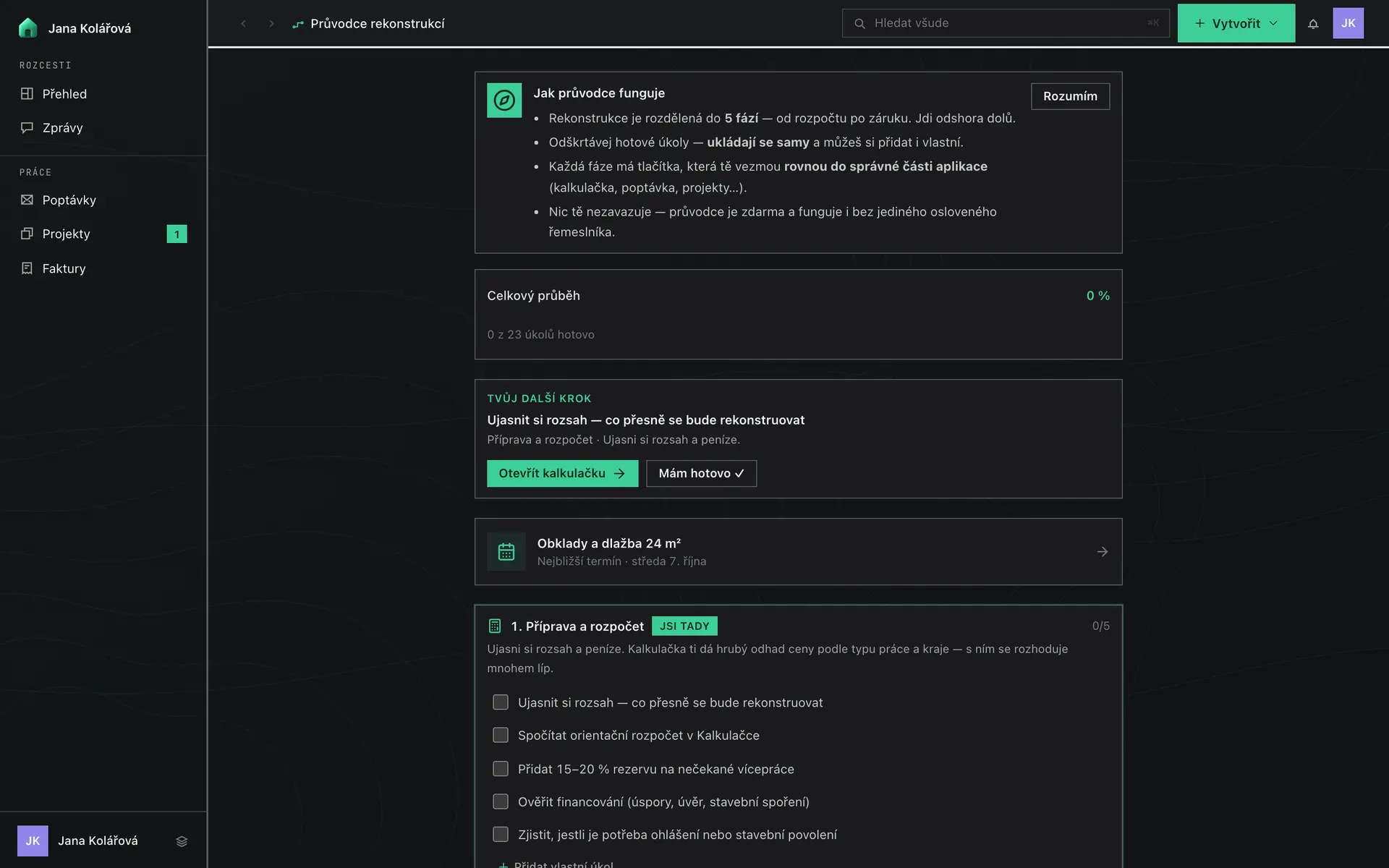 Průvodce rekonstrukcí v aplikaci RekoBudget — celá obrazovka očima zákazníka (ukázková data)